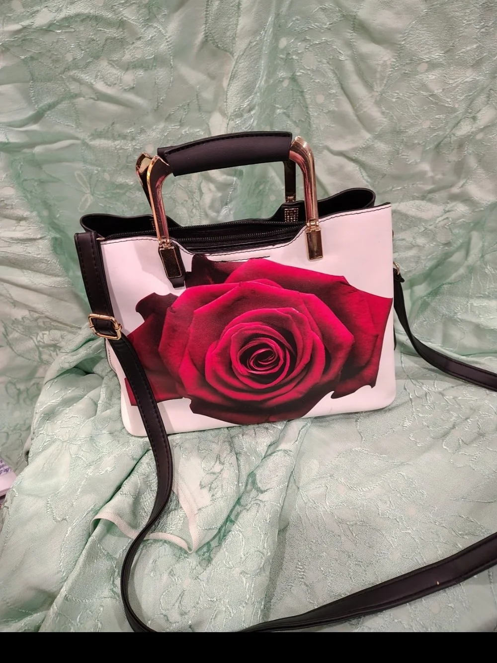 White Shoulder Bag with Red Rose Print and Black Trim